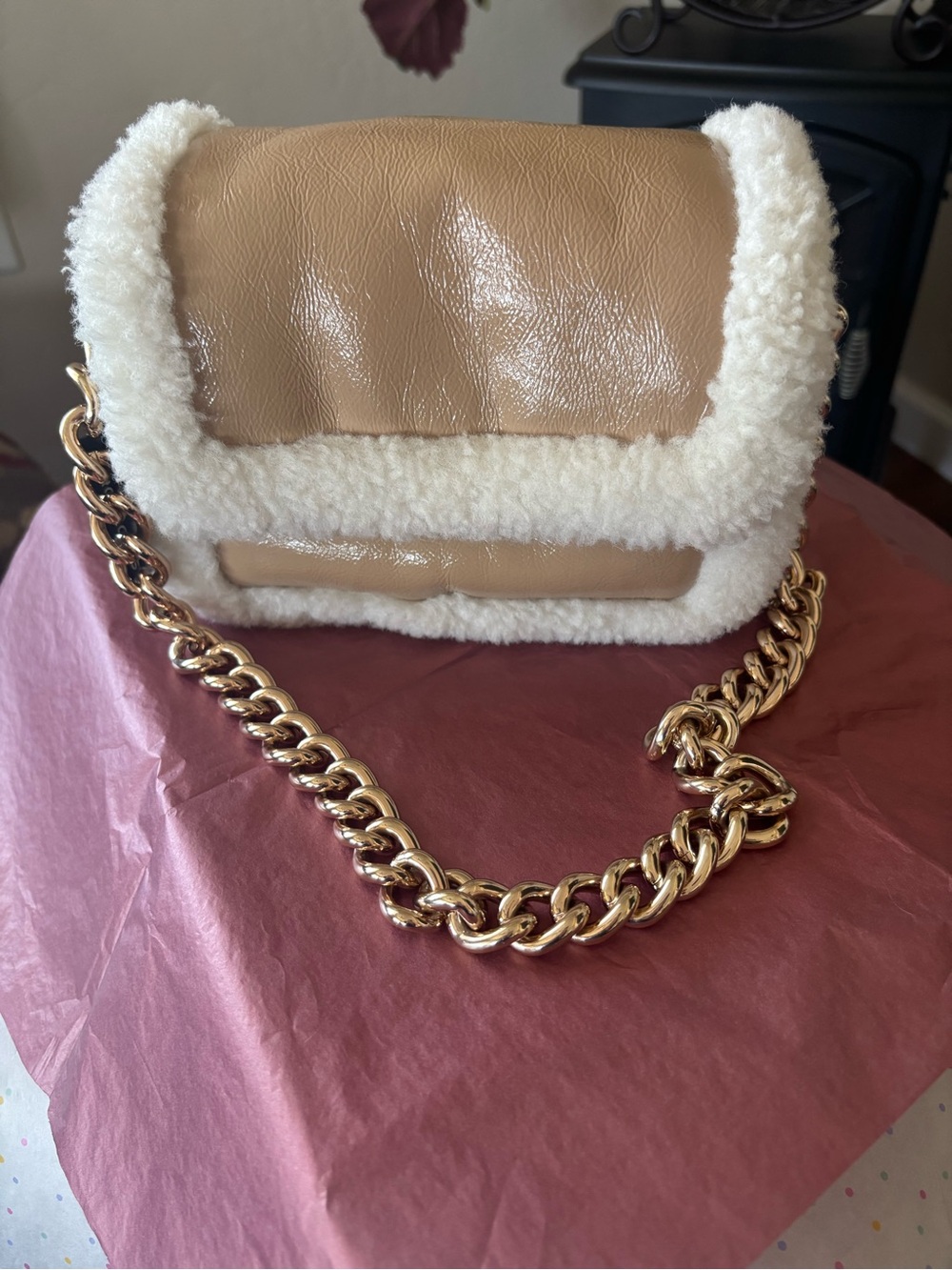 Marc Jacobs Tan Shearling-Trim Crossbody with Gold Chain